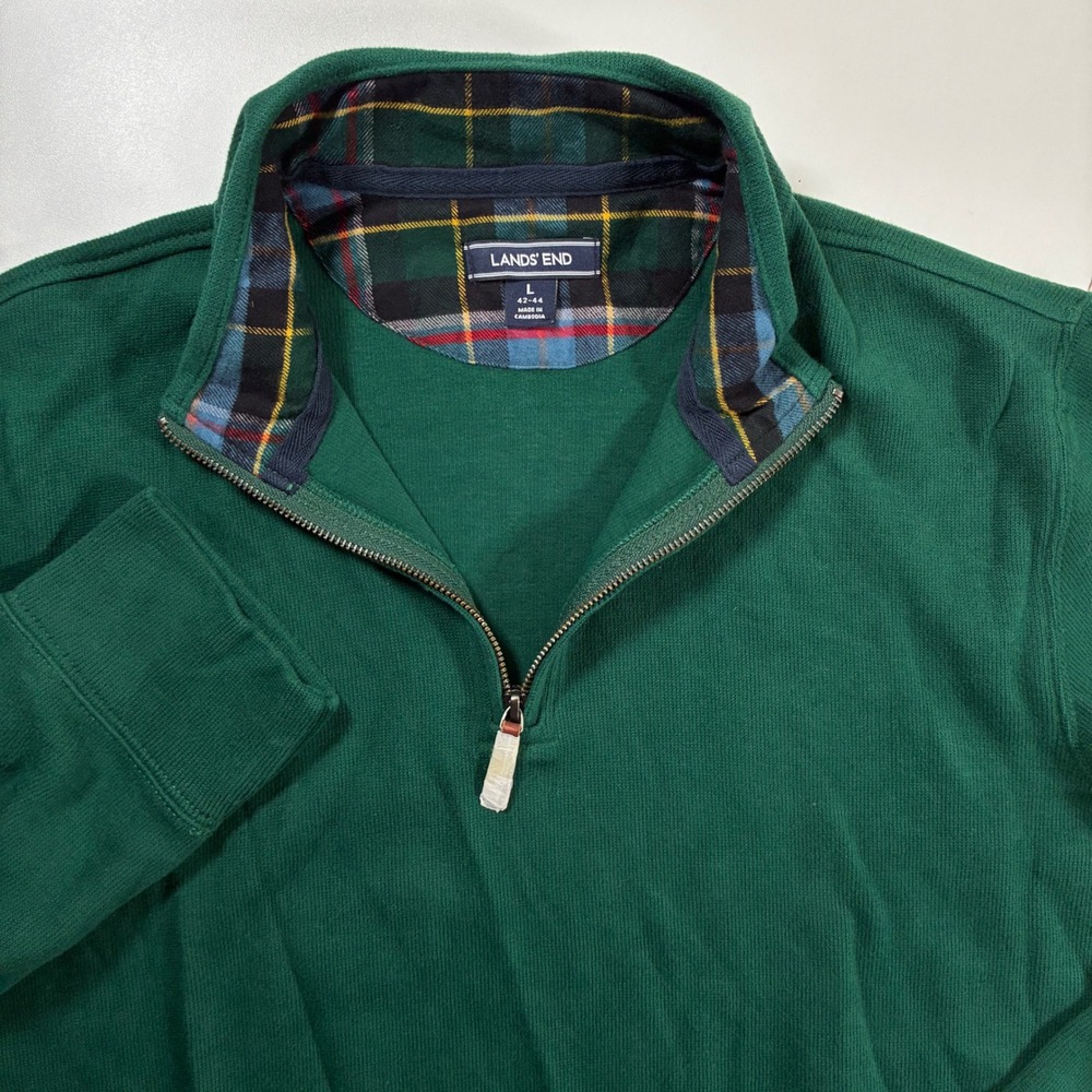 Lands' End Quarter Zip Pullover Large Green Plaid Lined Collar Cotton Sweater